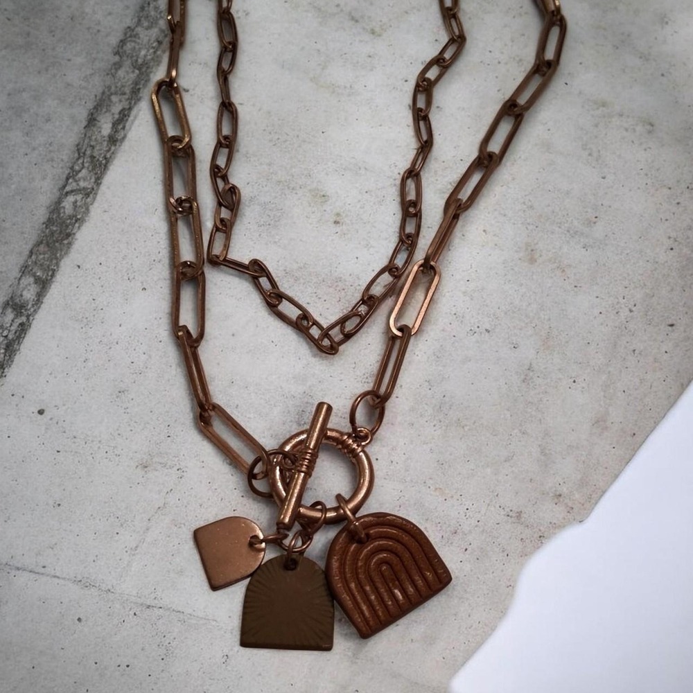Universal Thread brown & gold filled layered necklace with 3 charms boho fall